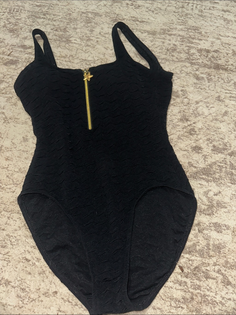 Vintage Mainstream Black Textured One Piece Swimsuit Gold Starfish Zip